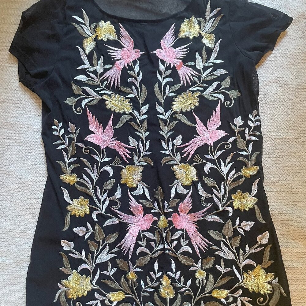 Sheer tee with Embroidered birds and flowers